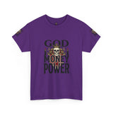 Graphic Tee — "God Money Power" Skull Design