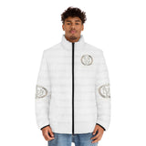 God Money Power Puffer Jacket — Men's White Logo Winter Coat