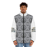 Puffer Jacket — 'God Money Power' Retro Icon All-Over Print