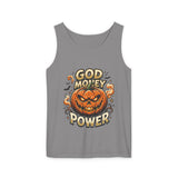 God Money Power- Halloween Tank Top — Pumpkin Graphic Sleeveless Tee