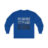Long Sleeve Tee — "Put God First, Hustle for the Money, Put Yourself in Power" Inspirational Faith & Hustle Top