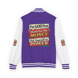 Letterman Jacket — "Put GOD First, Hustle For The MONEY, Put Yourself In POWER" Inspirational Varsity Coat