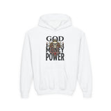 Youth Hoodie "God Money Power" Skull Graphic