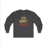 Long Sleeve Tee — 'God, Money, Power' Retro Palm Graphic