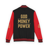 Letterman Jacket — 'GOD MONEY POWER' Red & White Varsity Jacket