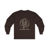 Long Sleeve Tee — Gold Monogram GMP Logo “God, Money, Power”