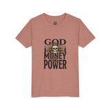 Youth Tee — 'God Money Power' Skull Graphic Shirt