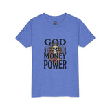 Youth Tee — 'God Money Power' Skull Graphic Shirt