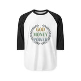 Raglan Shirt - God Money Power Vintage Laurel Baseball Tee