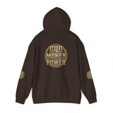 God Money Power Hoodie – Gold Globe Graphic Religious Streetwear