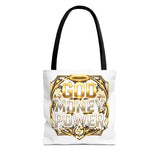 Tote Bag — "God Money Power" Gold Graphic Tote for Faith & Hustle