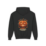 Youth Halloween Pumpkin Hoodie —“ God Money Power” Jack-o'-Lantern Graphic Hooded Sweatshirt