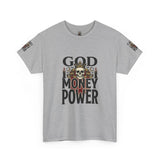 Graphic Tee — "God Money Power" Skull Design