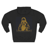 Three-Panel Fleece Hoodie — Vintage Gold Priest Graphic “God Money Power”