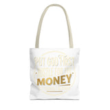 Inspirational Faith Tote Bag — "Put God First, Hustle for the Money" All-Over Print