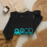 Crewneck Sweatshirt — GOD MONEY POWER Graphic Crewneck (Neon Cyan on White)