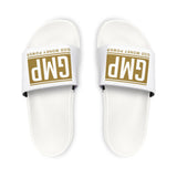 Slide Sandals — White "GMP (God Money Power)" Adjustable Strap Slides for Men