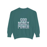 Graphic Sweatshirt - "God Money Power" Blue Retro Streetwear Crewneck