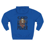 God Money Power-Hoodie — Skull Graphic Three-Panel Fleece Pullover