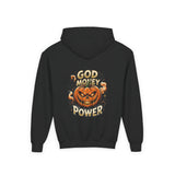 Halloween Pumpkin Hoodie — “God Money Power” Graphic Youth Sweatshirt
