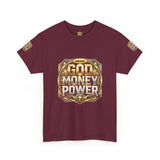 Graphic Tee — "God Money Power" Gold Crest T-Shirt