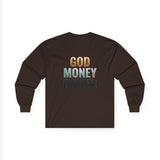 God Money Power Long Sleeve Tee — Faith & Ambition Graphic Shirt