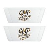 Slide Sandals — White Removable-Strap Slides with 'CMP God Mercy Power' Gold Script