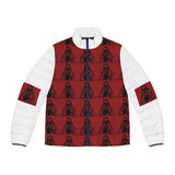 Red Graphic Puffer Jacket — Repeated Hooded Figure Print