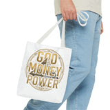 God Money Power Tote Bag — Bold Pyramid Graphic Religious Statement Tote