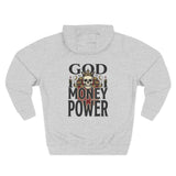 God Money Power-Hoodie — Skull Graphic Three-Panel Fleece Pullover