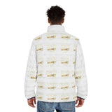 Money Print Puffer Jacket — White Quilted Men’s Winter Coat with Gold Text