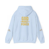 God • Money • Power Hoodie — White Pullover with Gold GMP Logo