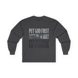 Long Sleeve Tee — "Put God First, Hustle for the Money, Put Yourself in Power" Inspirational Faith & Hustle Top