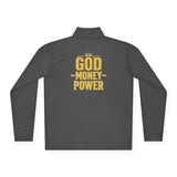 God • Money • Power Quarter-Zip Pullover — Bold Gold Graphic