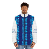 Men's Puffer Jacket – Blue Graphic AOP 'Good Money, Good Power' Streetwear