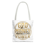 God Money Power Tote Bag — Bold Pyramid Graphic Religious Statement Tote