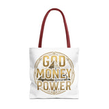 God Money Power Tote Bag — Bold Pyramid Graphic Religious Statement Tote