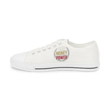 God Money Power Men’s Low Top Sneakers — Retro Badge Graphic White Canvas