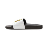 Slide Sandals — White "GMP (God Money Power)" Adjustable Strap Slides for Men