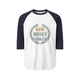 Raglan Shirt - God Money Power Vintage Laurel Baseball Tee