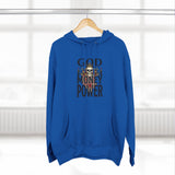 God Money Power-Hoodie — Skull Graphic Three-Panel Fleece Pullover