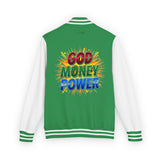 Letterman Jacket — "God Money Power" Retro Graphic Varsity Jacket