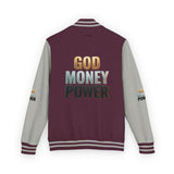 Letterman Jacket - "GOD MONEY POWER" Graphic Varsity Jacket with Chest Logo