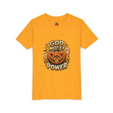 Youth Tee — "God Money Power" Halloween Pumpkin Graphic