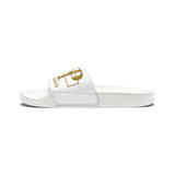 Slide Sandals — White "GMP" Gold Logo Slides (God Money Power)