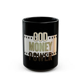 God Money Power Black Coffee Mug — Faith & Prosperity Film-Strip Design (11oz/15oz)