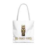 God • Money • Power Tote Bag — Inspirational Gold Block Design