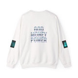 Crewneck Sweatshirt — GOD MONEY POWER Graphic Crewneck (Neon Cyan on White)