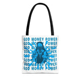 God Money Power Graphic Tote Bag — Blue Urban Goddess All-Over Print Tote