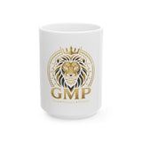 Lion Crest Ceramic Mug — "GMP (God • Money • Power)" Inspirational Coffee Cup